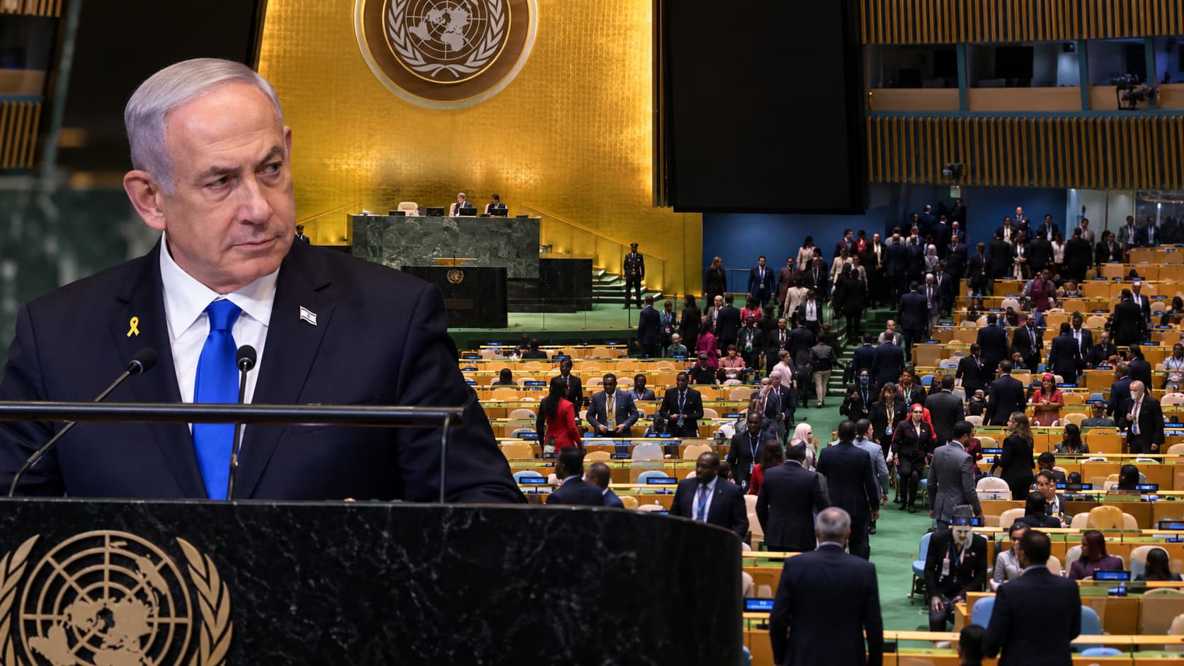 Delegations leave UN General Assembly hall during Netanyahu’s speech