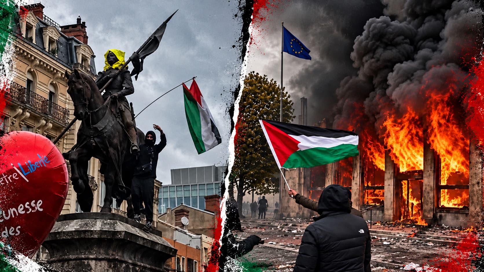 العلم الفلسطيني أمام مبنى يحترق في ليون.. فلسطين حاضرة في احتجاجات فرنسا